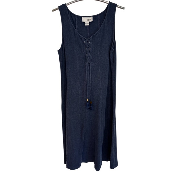 90s JOAN VASS Denim Blue Y2K 100% Cotton Lace-Up Tassel Halter Dress, Size 3 - Picture 2 of 11